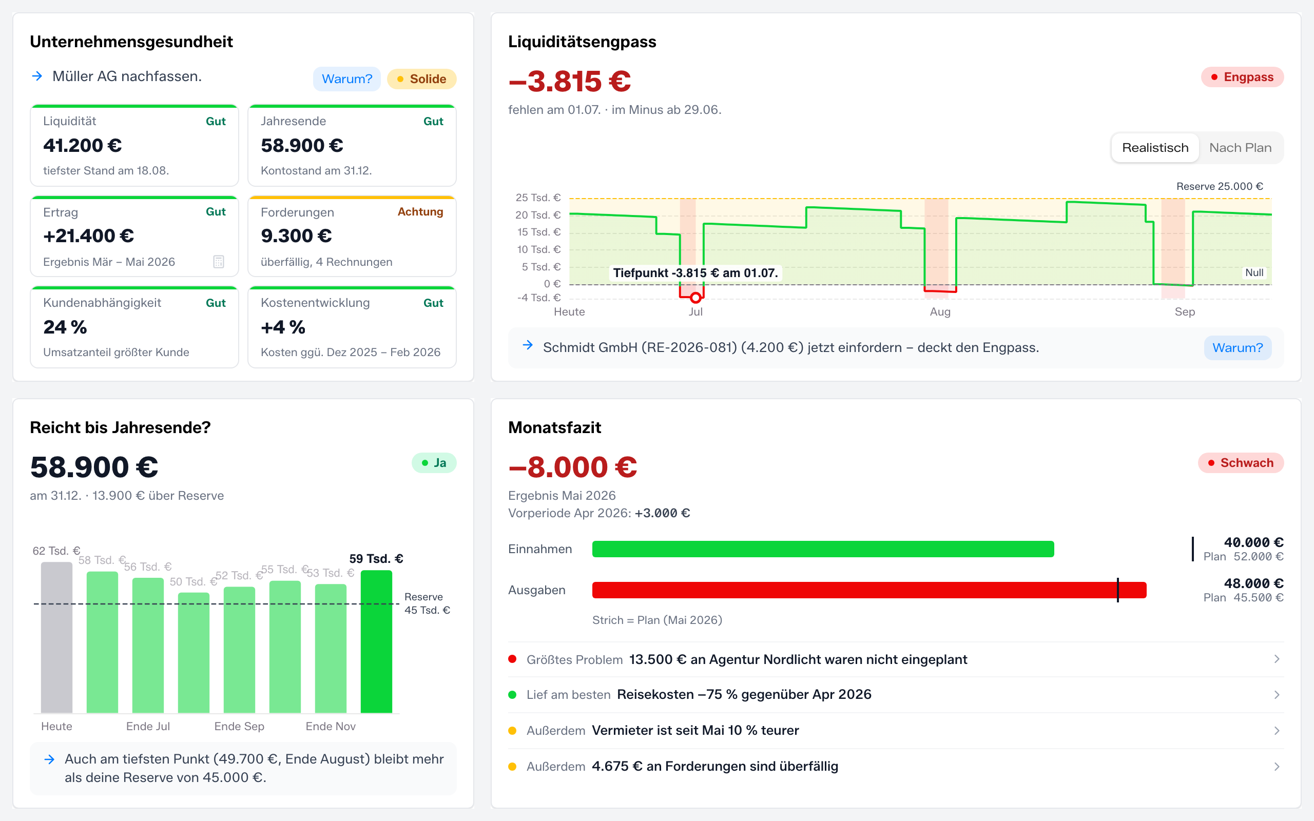 Dashboard mit den Entscheidungshilfen Liquiditätsengpass, Unternehmensgesundheit, Monatsfazit und Reicht bis Jahresende